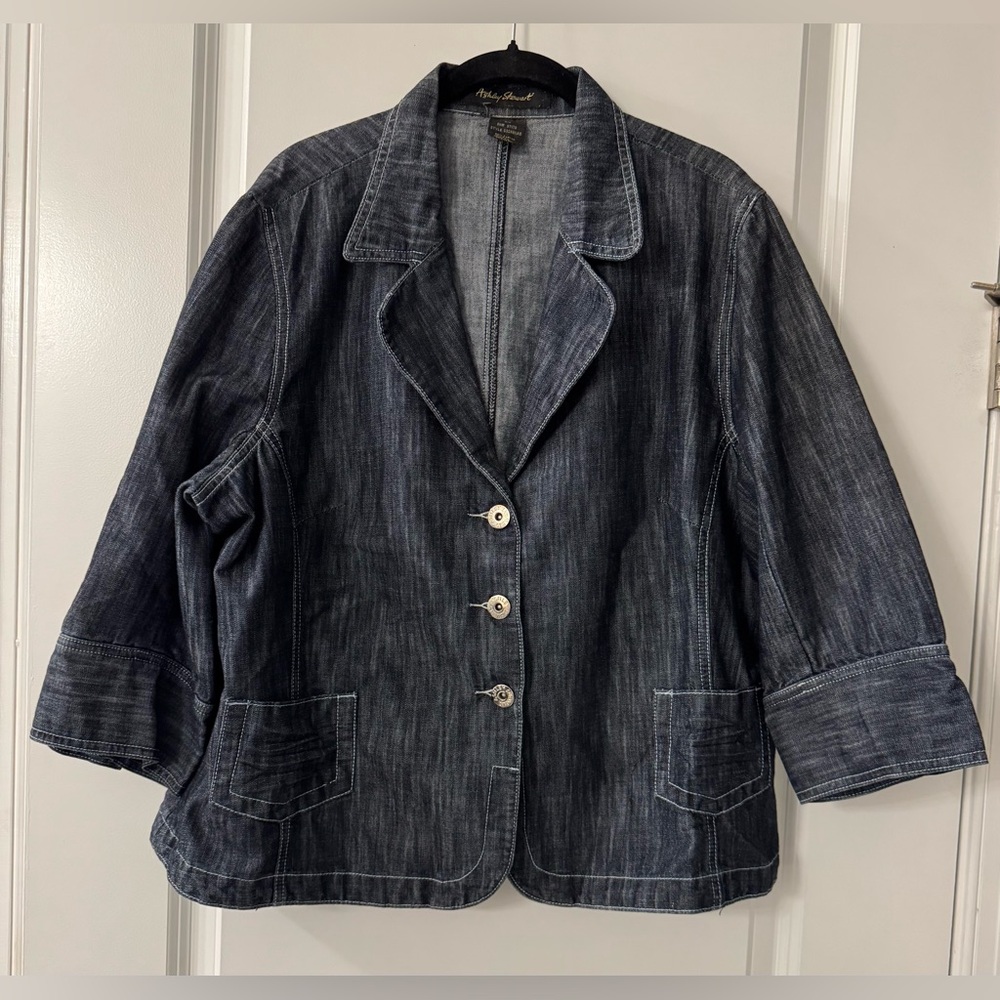 #2788 - Ashley Stewart 3-Button Semi-Fitted Dark Wash Blue Denim Jean Blazer